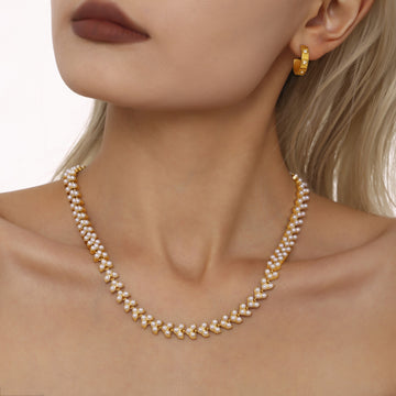 Gold Steel Leaf Imitation Pearl Cluster Link Necklaces