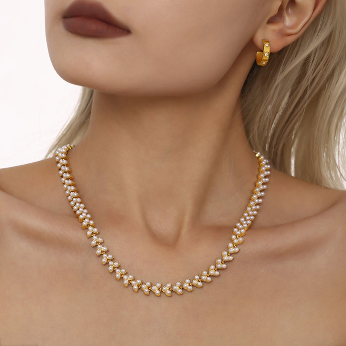 Gold Steel Leaf Imitation Pearl Cluster Link Necklaces