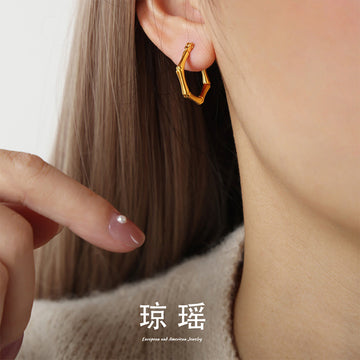 Bamboo Joint Hexagon Hoop Earrings Gold Steel Metal