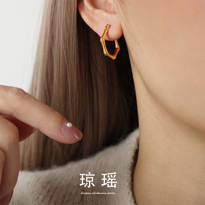 Bamboo Joint Hexagon Hoop Earrings Gold Steel Metal
