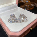Crystal Flower Pearl Clip-On Stud Earrings with Polished Metal Details view 6
