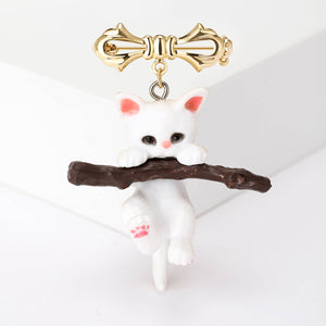 White Cat On Branch Brooch Gold Bow Dangle Enamel Pin