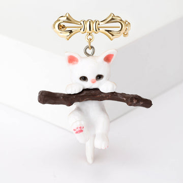 White Cat On Branch Brooch Gold Bow Dangle Enamel Pin