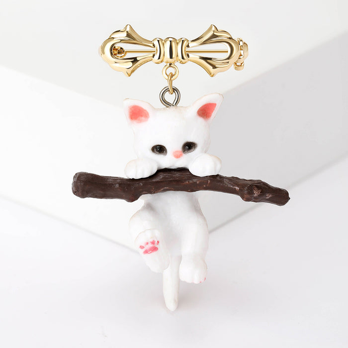 White Cat On Branch Brooch Gold Bow Dangle Enamel Pin