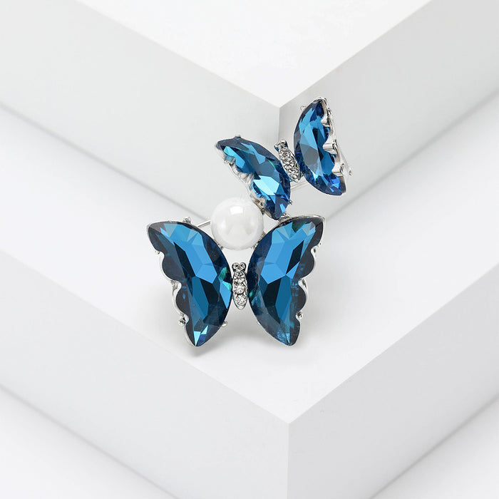 Stacked Double Butterfly Brooch With Pearl in Blue or Purple