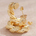 Gold Tone Ribbed Twist Open Hoop Earrings Polished Statement Fashion Jewelry view 3