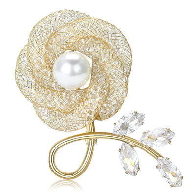 Pearl Center Mesh Flower Stem Brooch isolated front view
