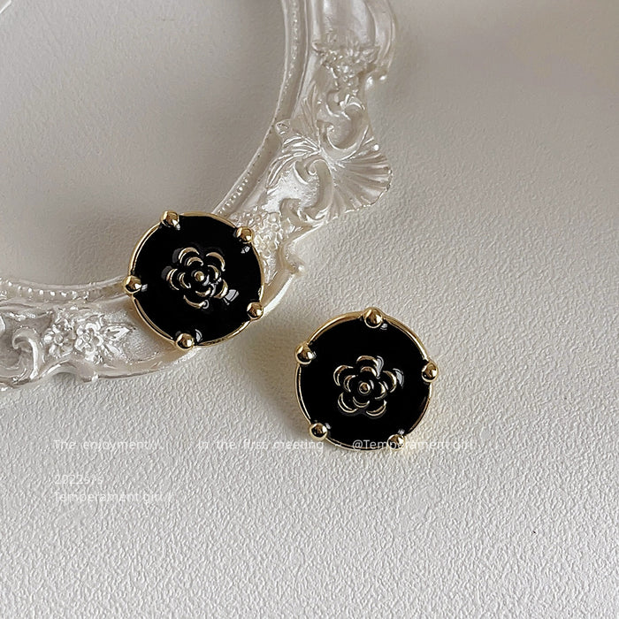 Black Enamel Round Camellia Stud Earrings Gold Tone Prongs
