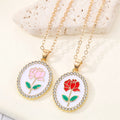 Gold Tone Oval Enamel Rose Crystal Halo Pendant Necklaces in Two Colors view 1