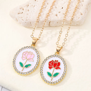 Gold Tone Oval Enamel Rose Crystal Halo Pendant Necklaces in Two Colors