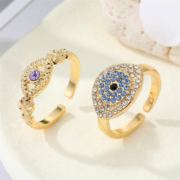 Gold Tone Crystal Evil Eye Adjustable Open Rings in Two Designs