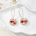 Gold Tone Cat-Shaped Pressed Flower Glitter Drop Earrings in Six Designs view 2