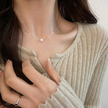 Minimal Single Pearl Silver Snake Chain Necklace Two Finishes