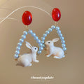 Red And White Rabbit Drop Earrings With Blue Pearl Frames view 2