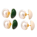 Double Sided Faux Pearl Green Enamel Stud Earrings Gold Tone view 5