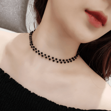Gold Short Pearl and Black Crystal Bead Choker Necklaces