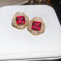 Red Square Crystal Statement Stud Earrings with Metal Settings view 6
