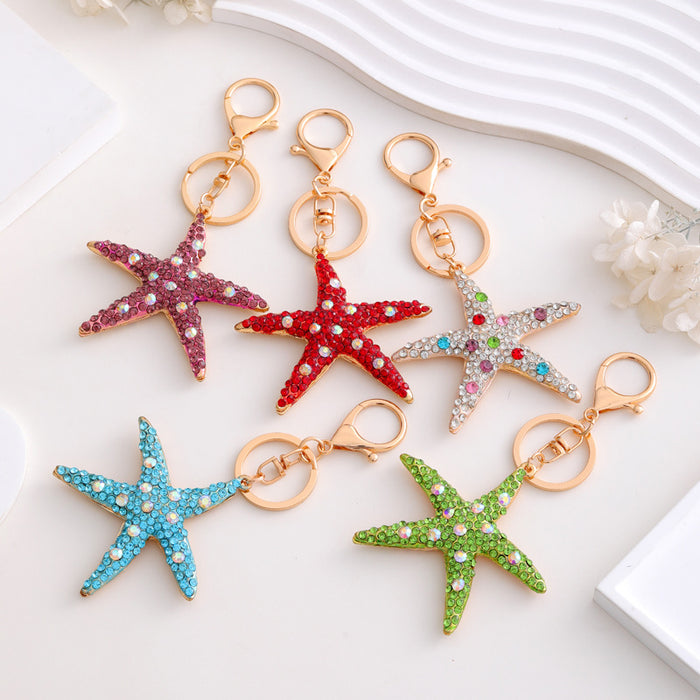 Rhinestone Starfish Keychain Gold Tone Ocean Charm