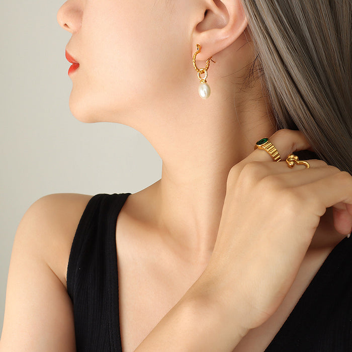 Twisted Rope C-Hoop Faux Pearl Drop Earrings Gold Tone