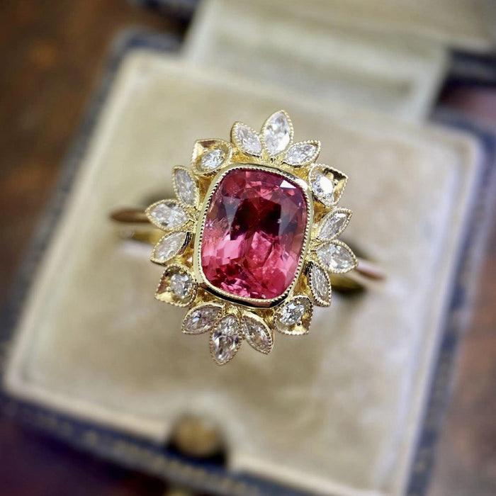 Pink Rectangular Stone Floral Halo Gold Tone Ring Polished Jewelry Accessory