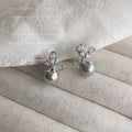 Silver Tone Clear Petal Flower And Gray Pearl Stud Earrings view 1