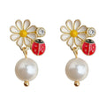 Daisy Ladybug Enamel Stud Earrings White Pearl Drop view 5