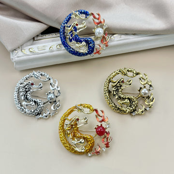 Circular Dragon Brooch Pins Pearl Bead Accent Four Finishes