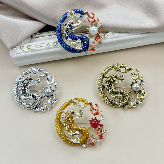 Circular Dragon Brooch Pins Pearl Bead Accent Four Finishes