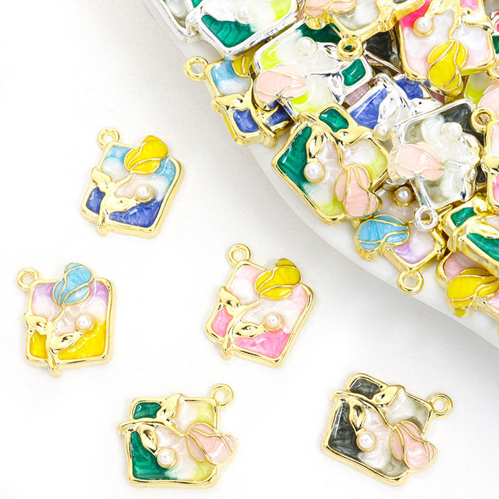 Pastel Square Floral Scene Metal Charms, 10 Designs