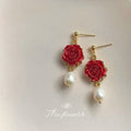 Red Rose Enamel Drop Earrings With White Pearl Dangle view 1
