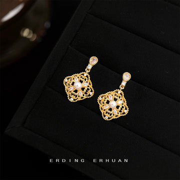Gold-Tone Filigree Geometric Drop Earrings Pearl CZ Accents