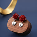 Red Rose Heart and Cross Silver Tone Dangle Stud Earrings view 2