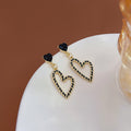 Black Heart Stud Gold Open Heart Drop Earrings Braided Edge view 1
