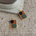 Gold Frame Rectangle Fabric Dangle Earrings Black Green Circles view 1