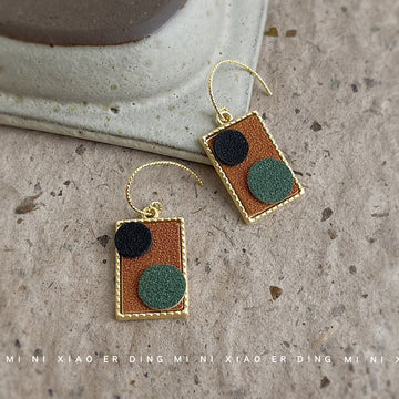 Gold Frame Rectangle Fabric Dangle Earrings Black Green Circles