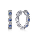 Silver Tone Hoop Earrings With Alternating Blue and Clear Stones view 5