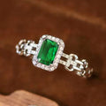 Silver Emerald-Cut Green Halo Geometric Link Finger Ring view 5