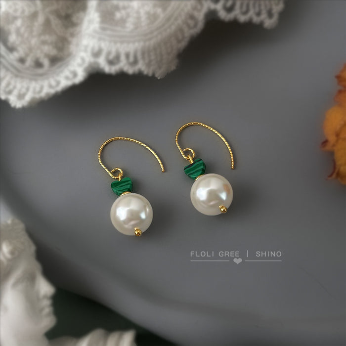 Gold Hook White Pearl Green Heart Drop Earrings Pair
