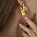 Layered U Shape Hollow Earrings Ribbed Gold Or Steel Metal view 4