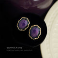 Gold Purple Enamel Scalloped Oval Frame Stud Earrings view 4