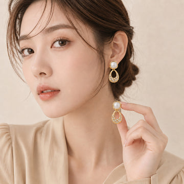 Ivory Square and Crystal Look Teardrop Gold Stud Earrings
