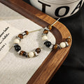 Brown Cream Black Beaded Mosaic Pattern Hoop Earrings view 4