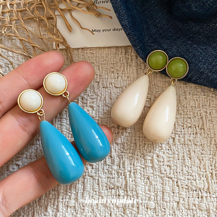 Long Teardrop Earrings in Ivory Green and Bright Blue Colorways