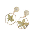 Gold Tone Hexagon Resin Pressed Flower Drop Stud Earrings view 5