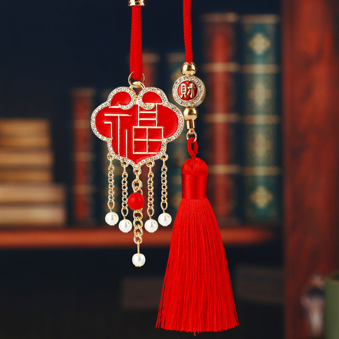 Mixed Jeweled Fortune Motif Car Hangers with Red Tassels in Eight Pictured Styles