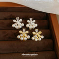 Floral Pearl Clip-On Earrings in Silver and Gold with Polished Metal Details view 1