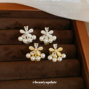 Floral Pearl Clip-On Earrings in Silver and Gold with Polished Metal Details