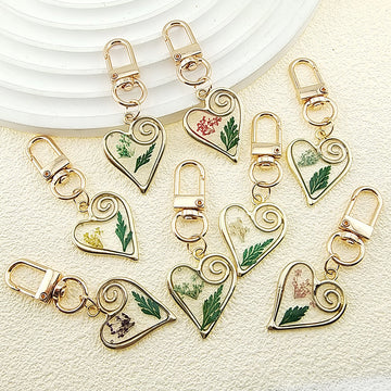 Gold Tone Open Heart Pressed Flower Resin Clip Keychains