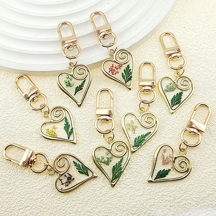 Gold Tone Open Heart Pressed Flower Resin Clip Keychains