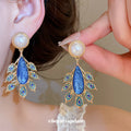 Pearl Drop Earrings with Pink or Blue Leaf Crystals view 3